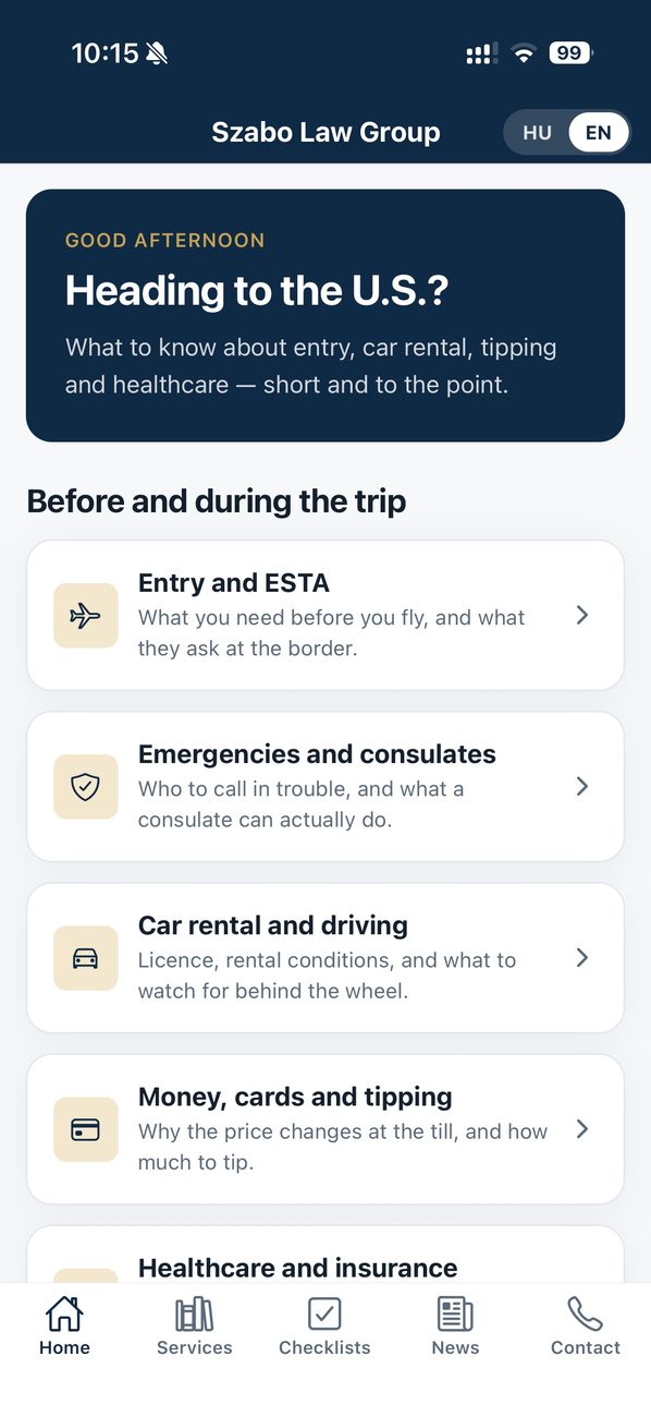 Screenshot of the Amerikai Ügyvéd app
