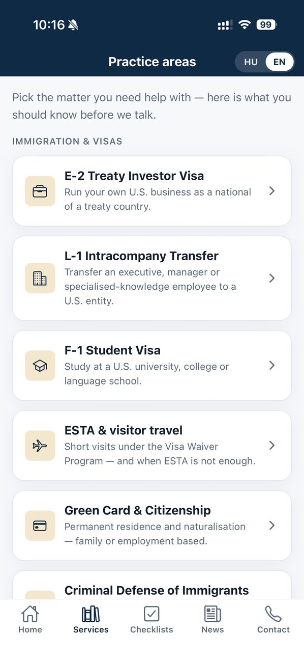 Screenshot of the Amerikai Ügyvéd app