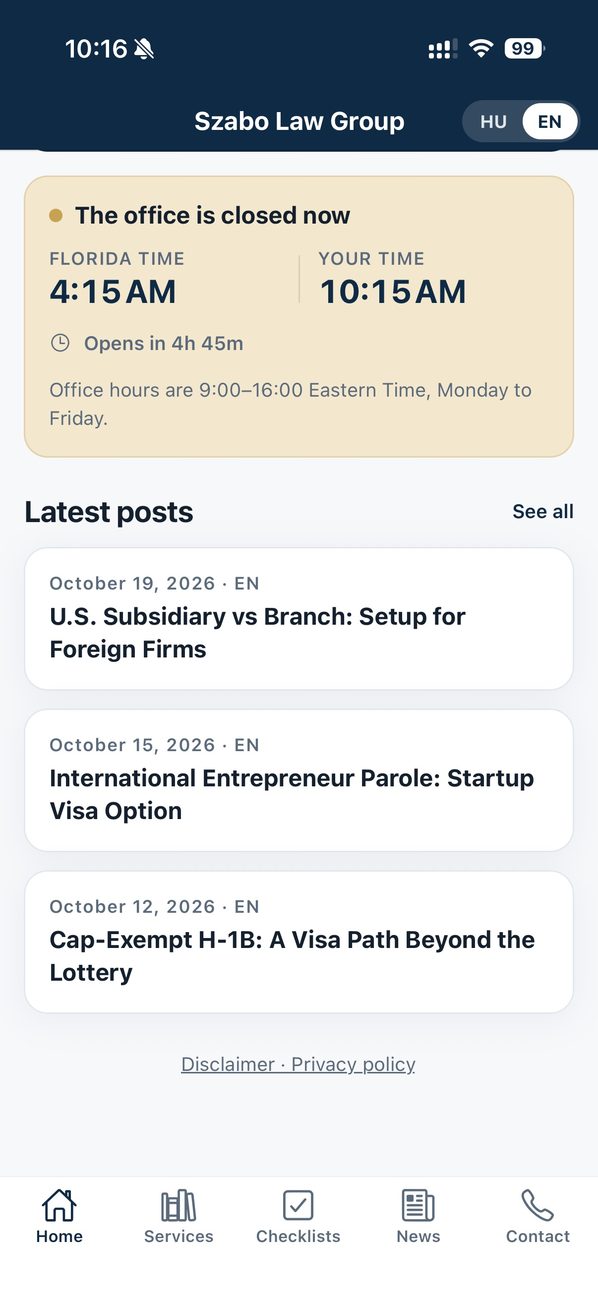 Screenshot of the Amerikai Ügyvéd app